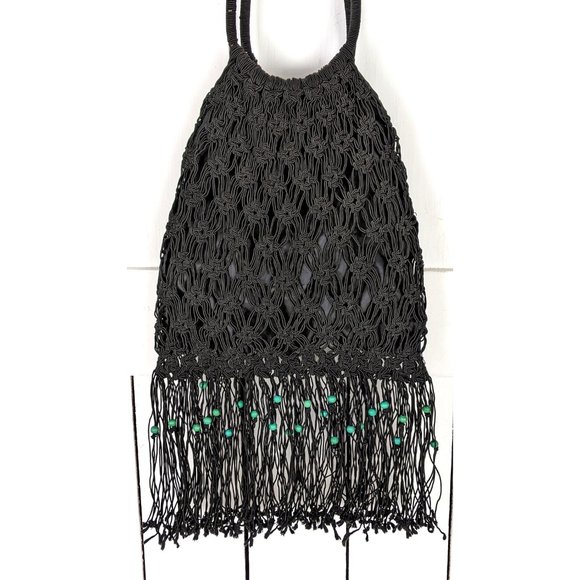 Vintage Rampage black beaded tassel fringe macramé slouchy handbag purse - Picture 2 of 5